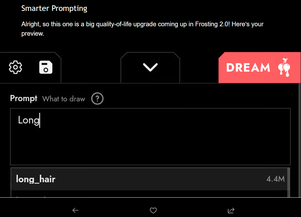 Historical Frosting announcement illustrating a long_hair autocomplete suggestion.