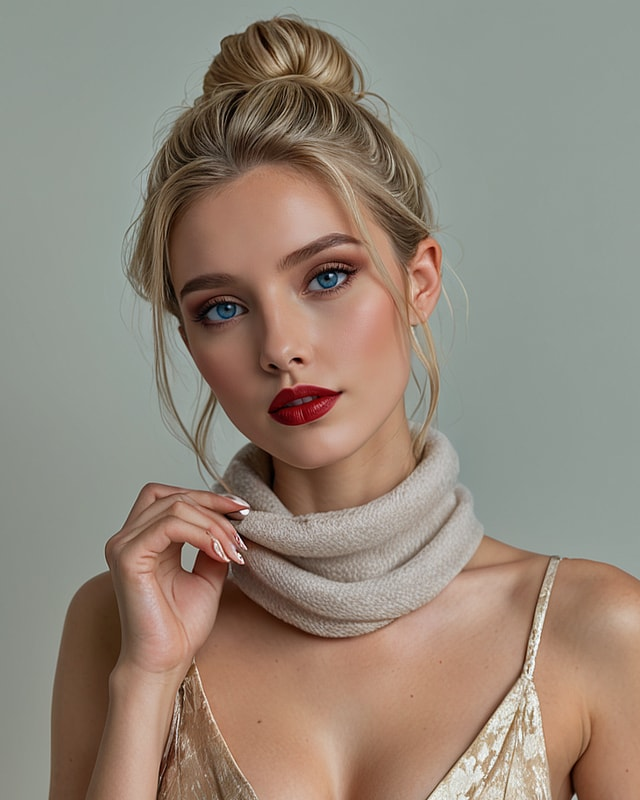 Evelyn Harper — Blonde hair in a bun, pale scarf and a patterned cream top. OurDream fictional catalogue portrait, not a Frosting AI result.