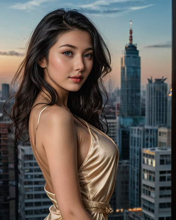Yanmei — Long dark hair and a gold-toned dress against a city skyline. OurDream fictional catalogue portrait, not a Frosting AI result.