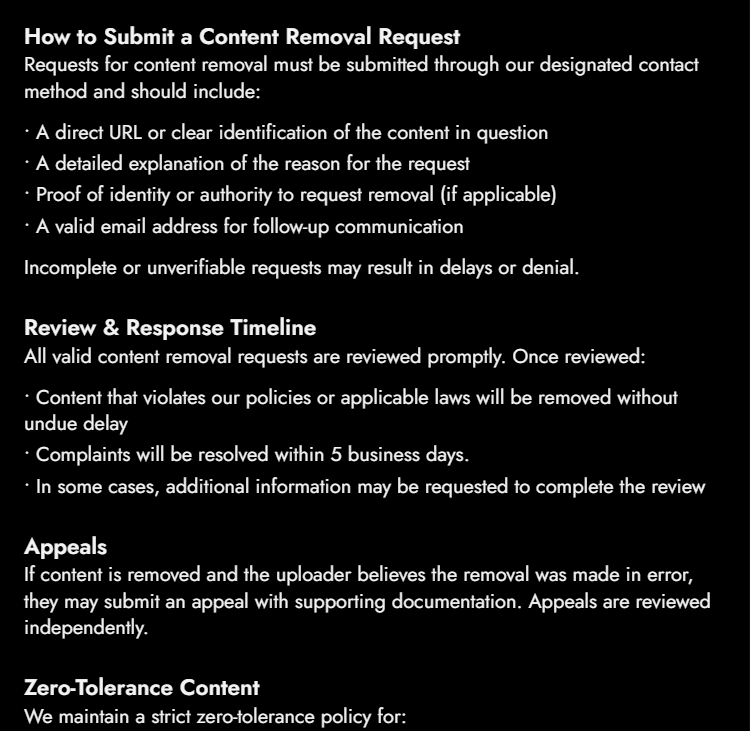 Frosting content-removal policy with request requirements, review timeline and appeals.